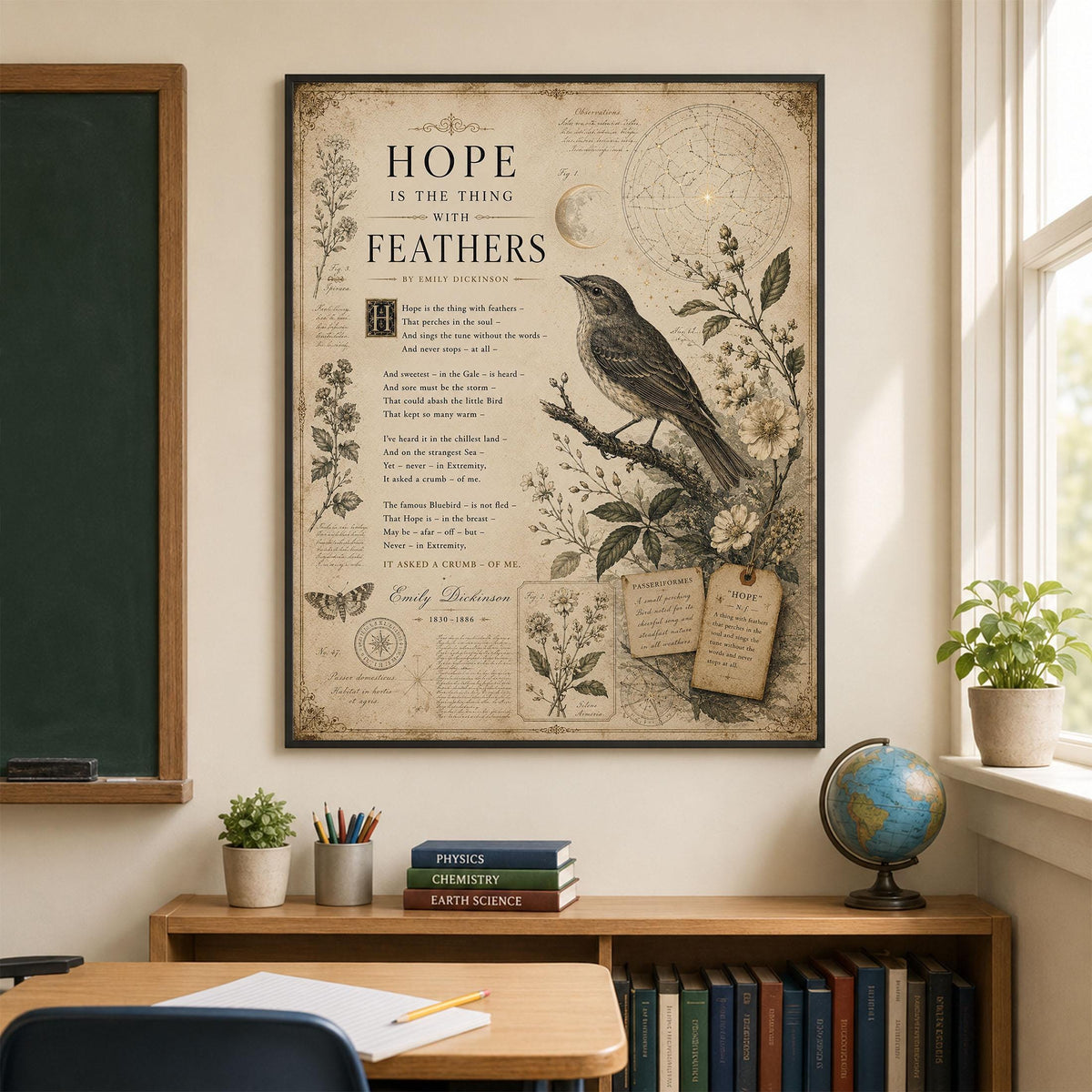 Hope Is the Thing with Feathers Art Print | Emily Dickinson Poem | Vintage Bird Wall Art | Literary Nature Decor