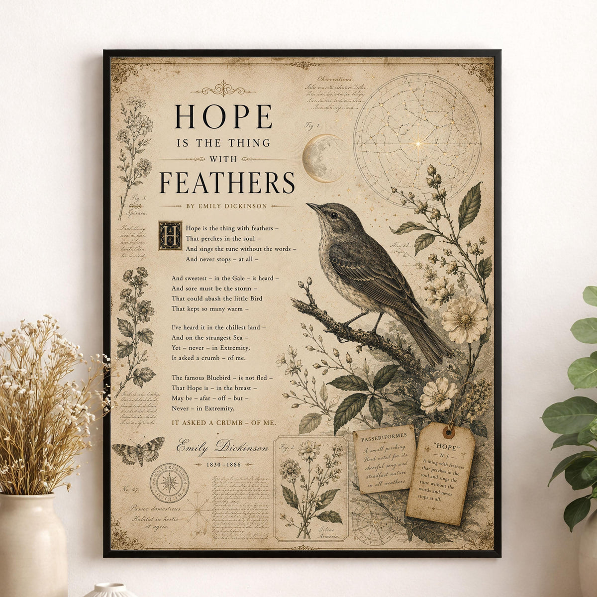 Hope Is the Thing with Feathers Art Print | Emily Dickinson Poem | Vintage Bird Wall Art | Literary Nature Decor