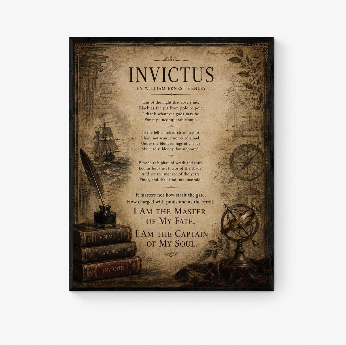 Invictus Art Print | William Ernest Henley Poem | Dark Academia Literary Wall Art | Motivational Office Decor