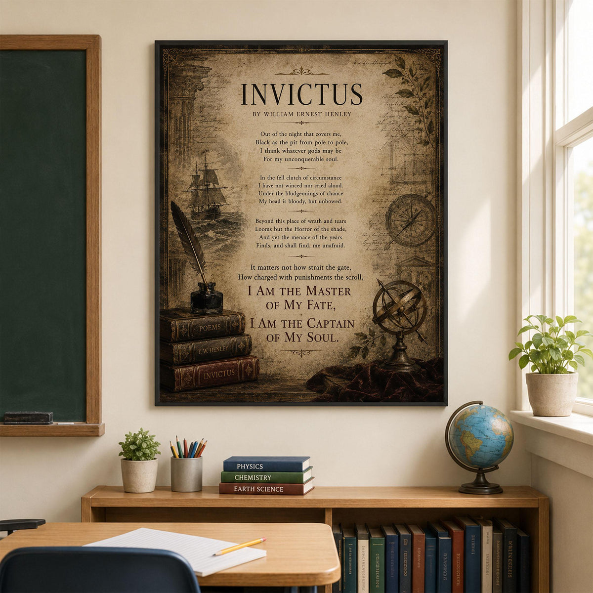 Invictus Art Print | William Ernest Henley Poem | Dark Academia Literary Wall Art | Motivational Office Decor
