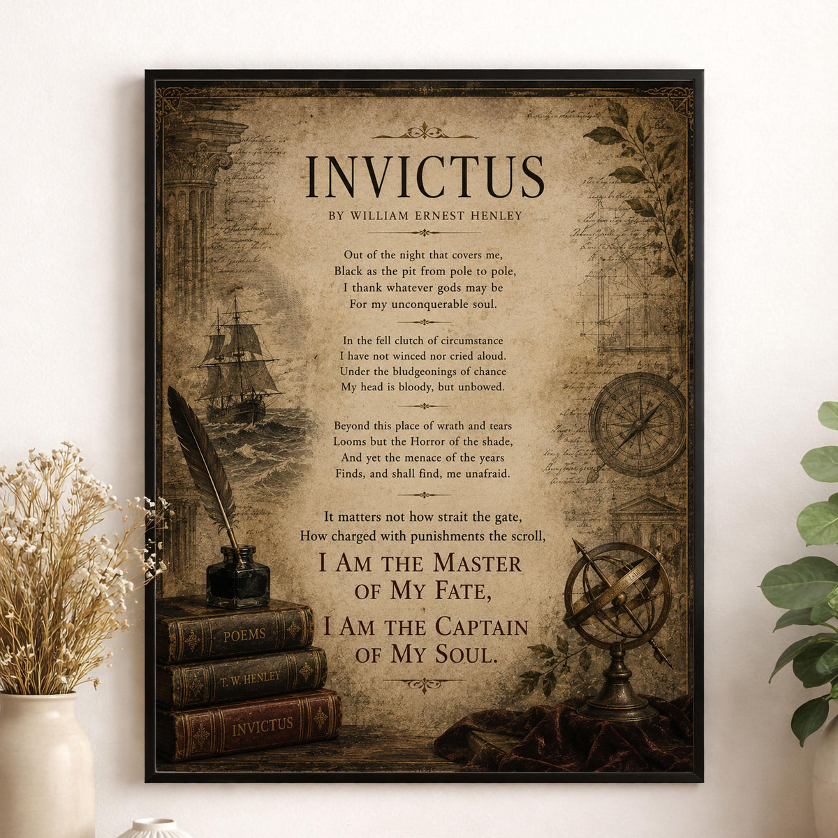 Invictus Art Print | William Ernest Henley Poem | Dark Academia Literary Wall Art | Motivational Office Decor