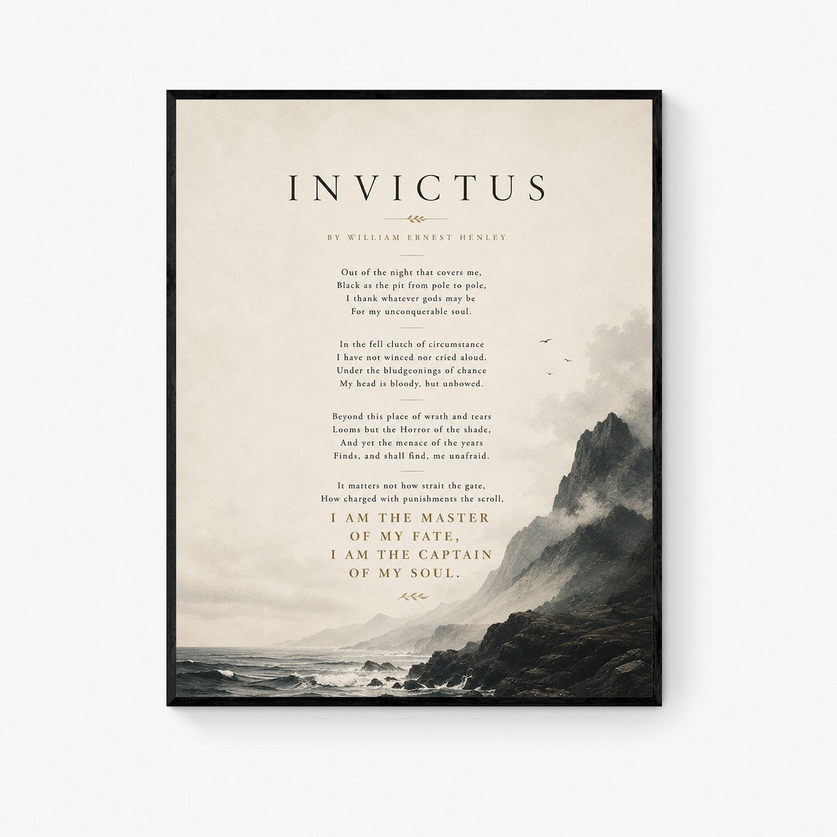 Invictus Poem Print by William Ernest Henley | Minimalist Coastal Wall Art | Inspirational Literary Quote Decor