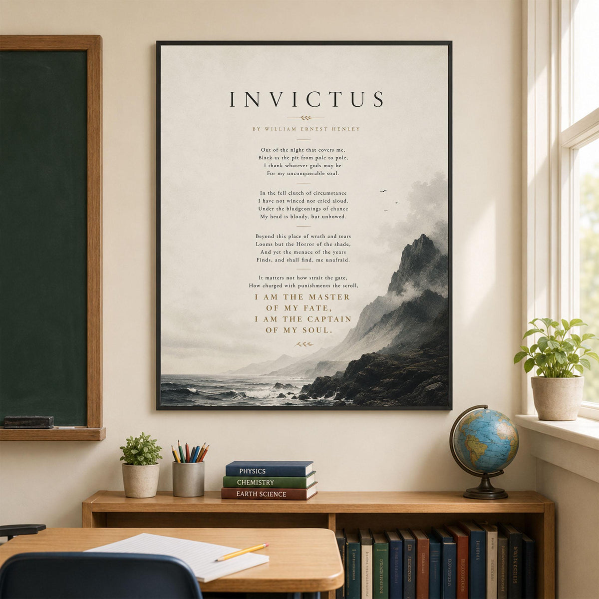 Invictus Poem Print by William Ernest Henley | Minimalist Coastal Wall Art | Inspirational Literary Quote Decor