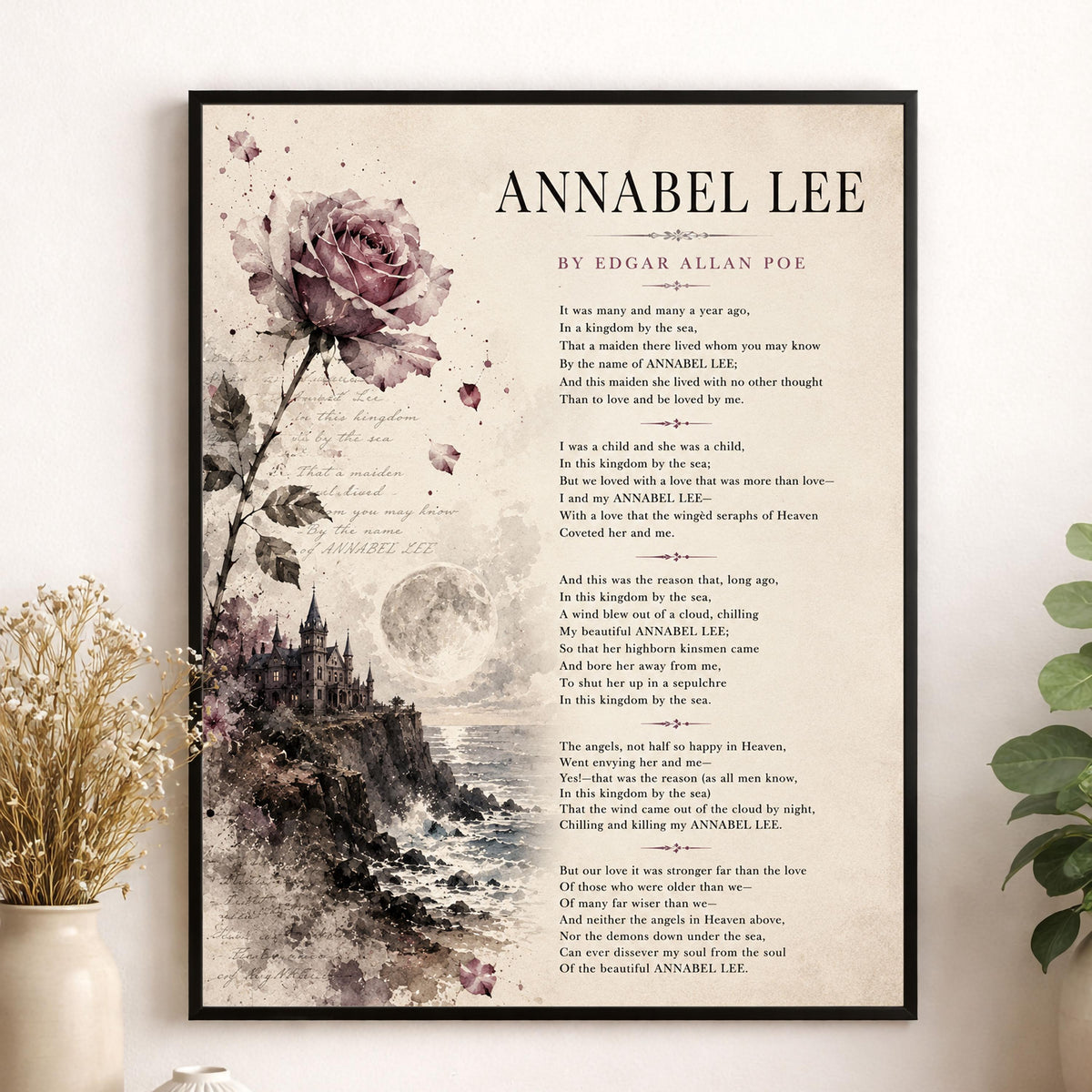 Annabel Lee Poem Print by Edgar Allan Poe | Romantic Gothic Wall Art | Vintage Coastal Literature Decor | Book Lover Gift