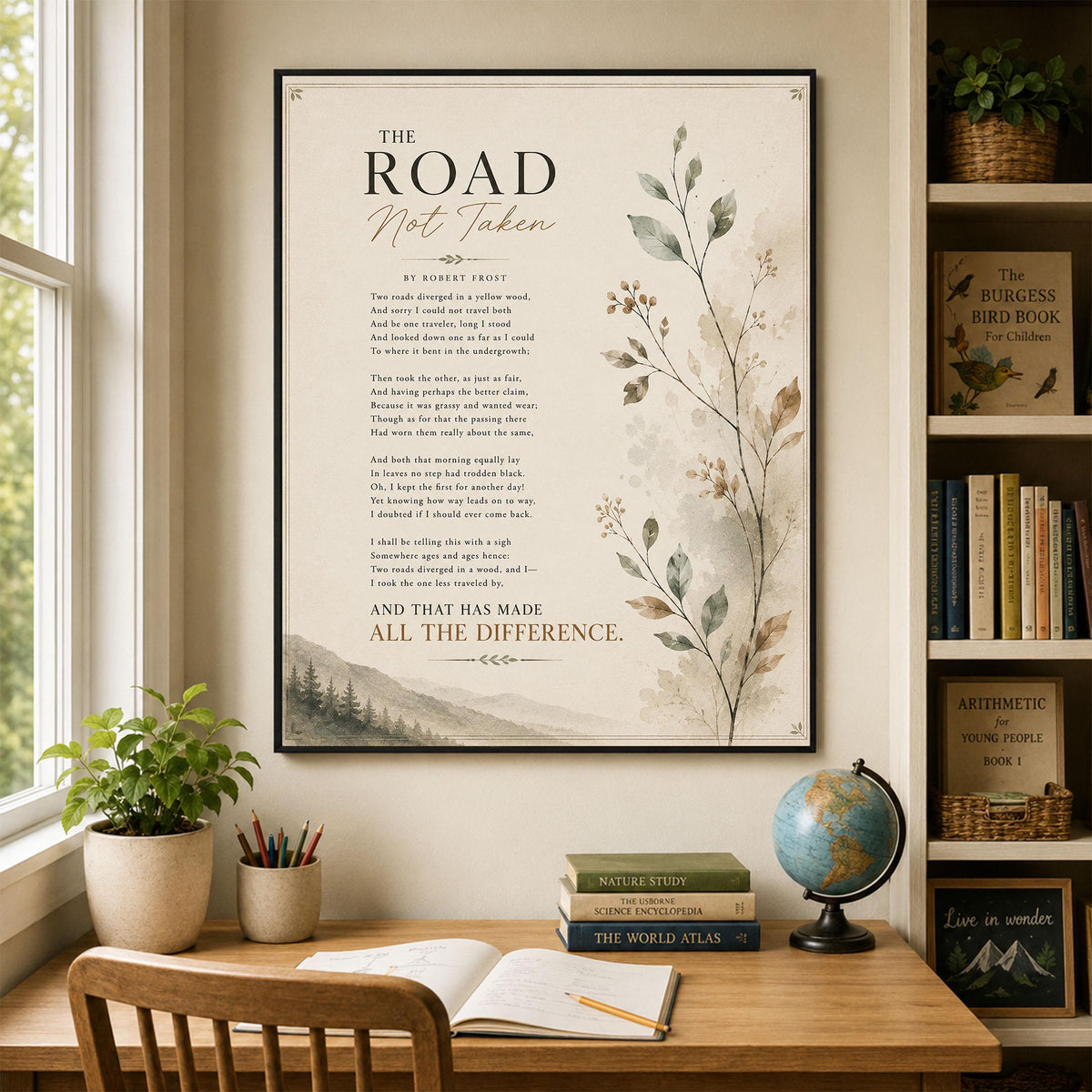 The Road Not Taken by Robert Frost Print | Minimalist Poetry Wall Art | Literary Quote Decor | Book Lover Gift