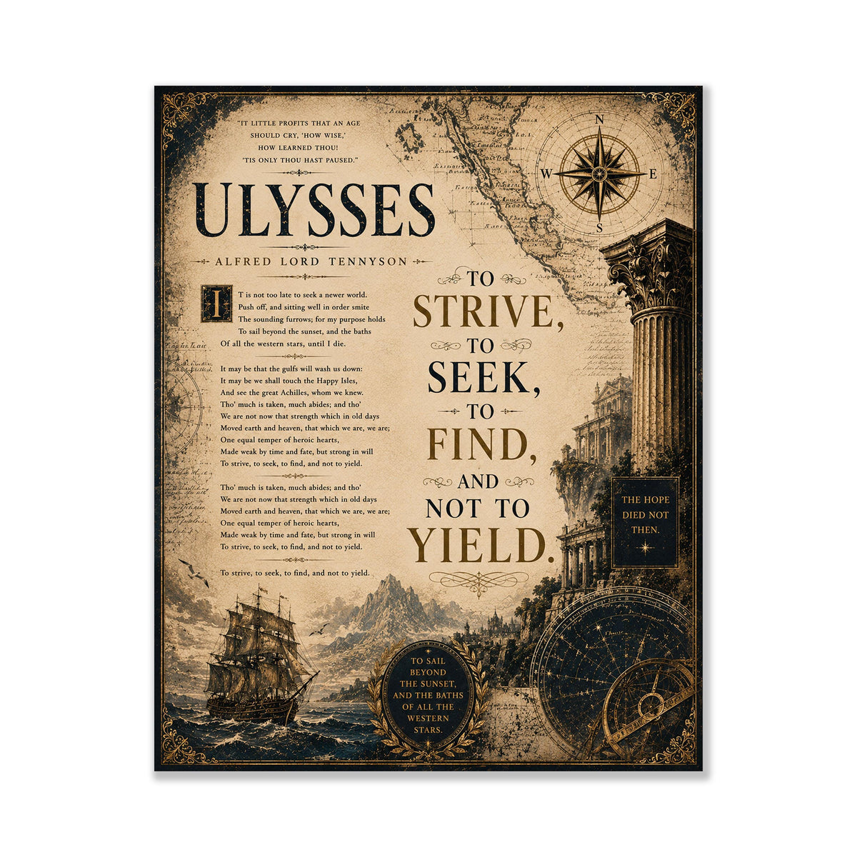 Ulysses by Alfred Lord Tennyson Print | To Strive To Seek To Find Wall Art | Literary Decor | Dark Academia Gift