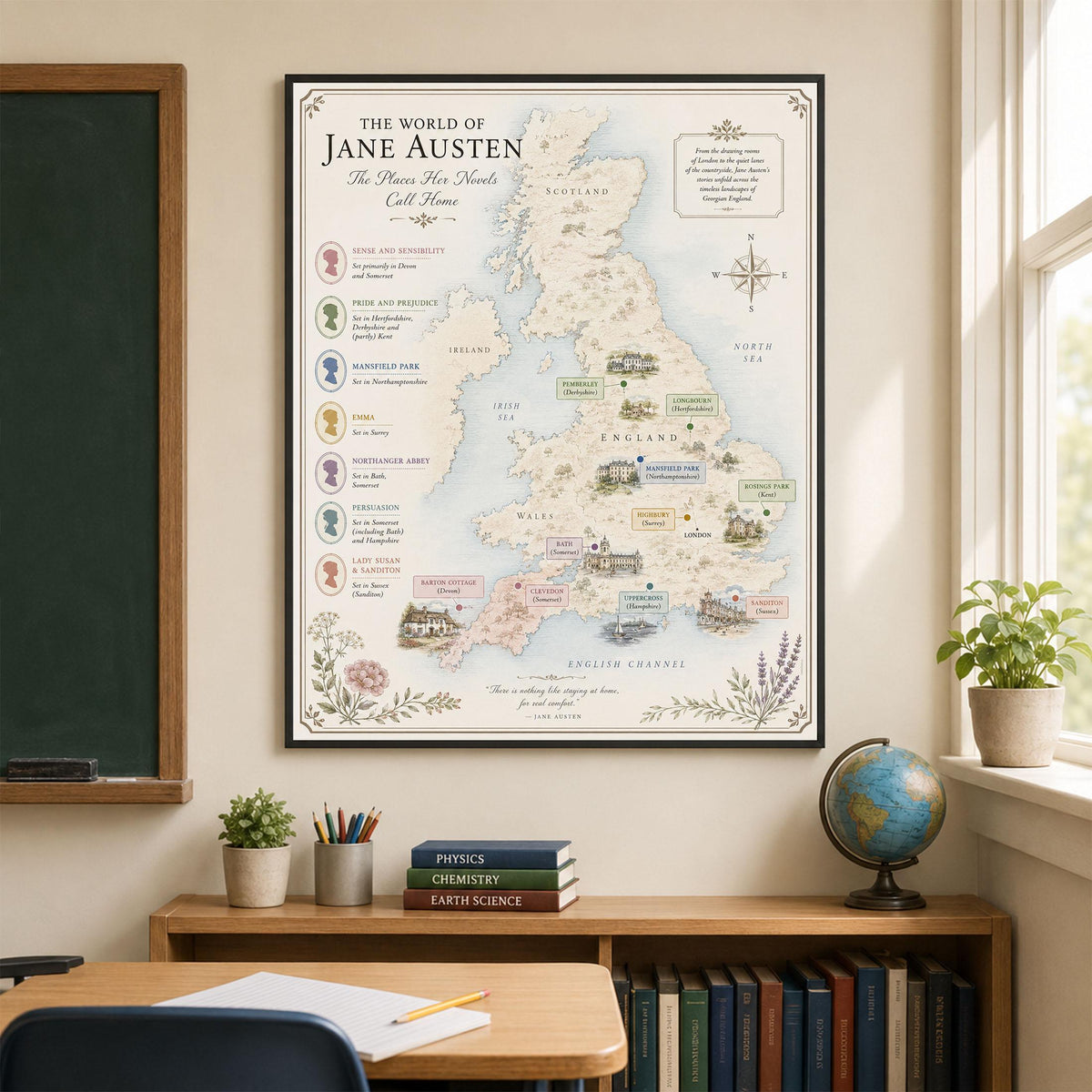 Jane Austen Books Map Art Print, Jane Austen Literary Wall Artwork, England Home Decor, Library Gift, Classic Novel Poster