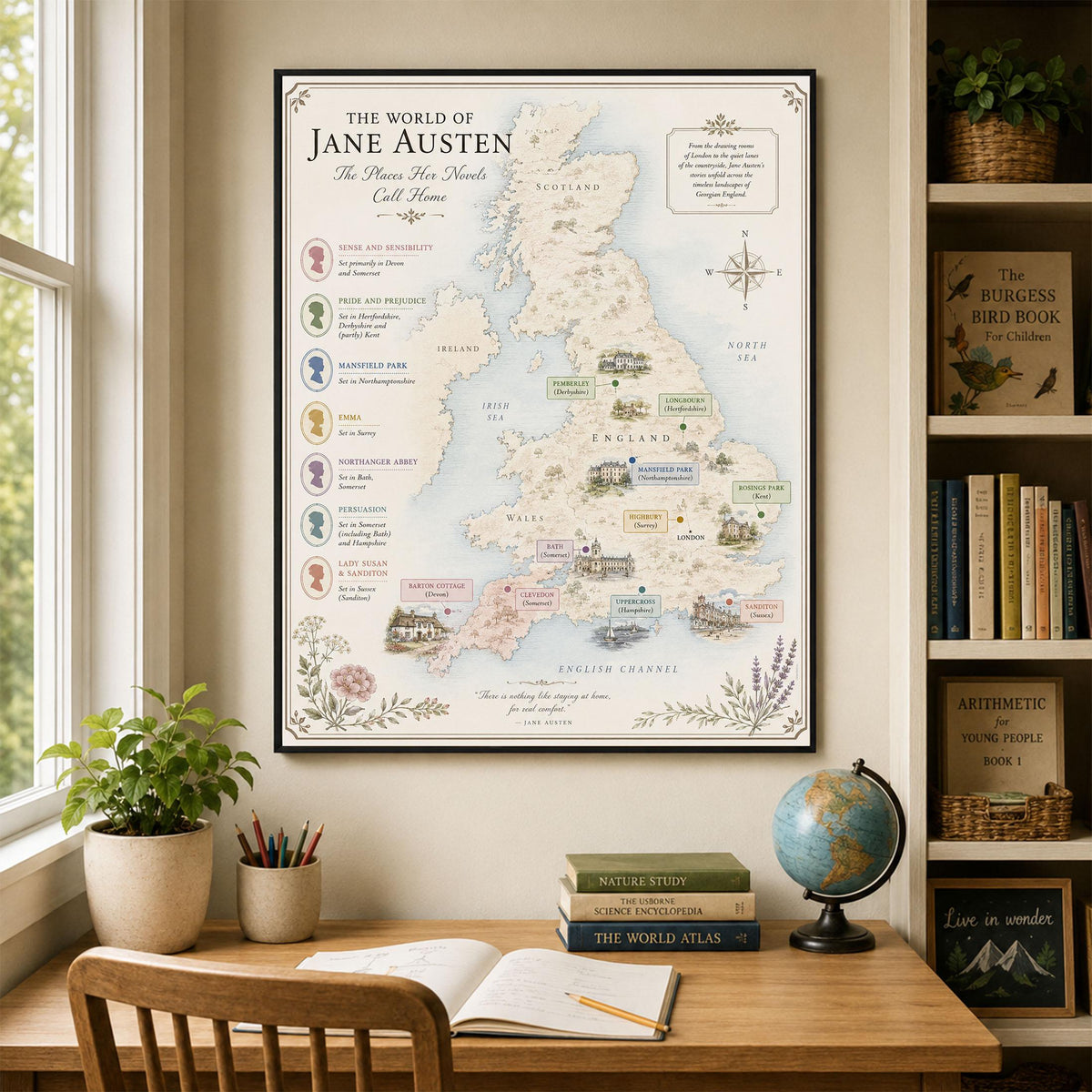 Jane Austen Books Map Art Print, Jane Austen Literary Wall Artwork, England Home Decor, Library Gift, Classic Novel, Cottagecore Poster