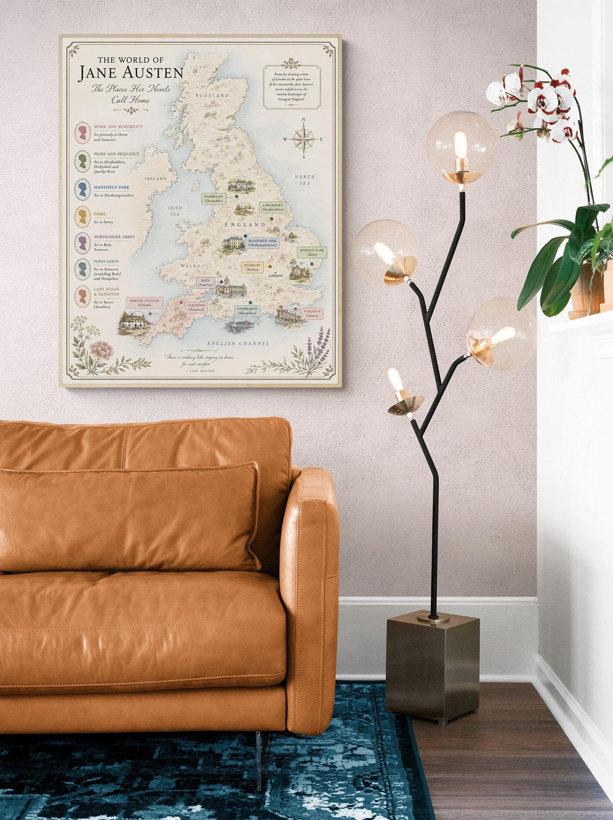 Jane Austen Books Map Art Print, Jane Austen Literary Wall Artwork, England Home Decor, Library Gift, Classic Novel, Cottagecore Poster