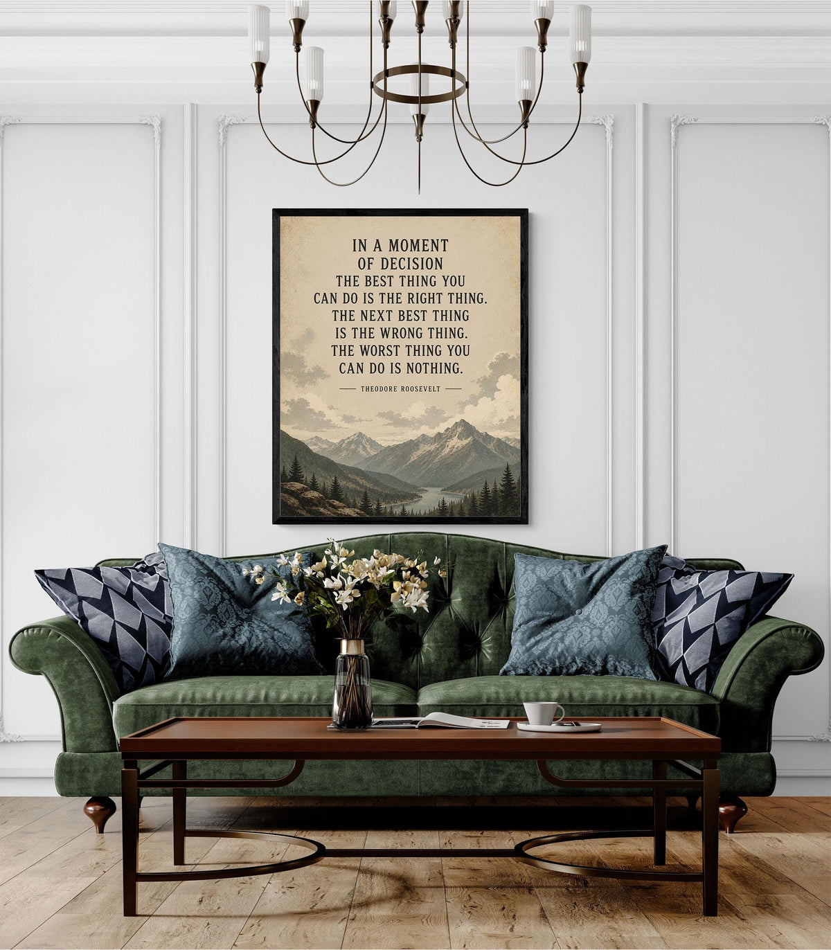 In a Moment of Decision Art Print | Teddy Roosevelt Quote | Inspirational Gift | Living Room | Beige Landscape Home Decor Poster