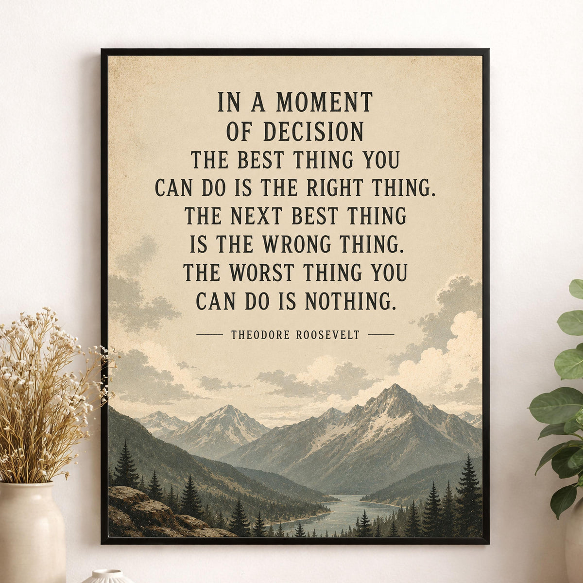 In a Moment of Decision Art Print | Teddy Roosevelt Quote | Inspirational Gift | Living Room | Beige Landscape Home Decor Poster