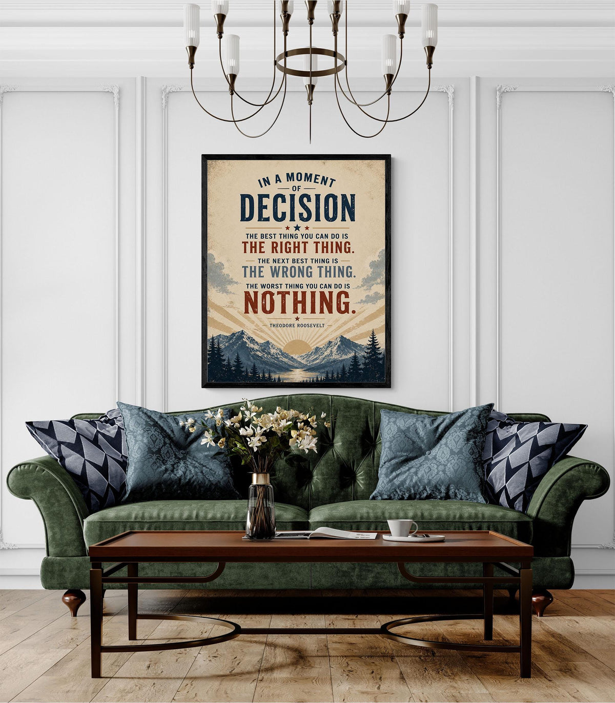 In a Moment of Decision Art Print | Vintage Teddy Roosevelt Quote | Inspirational Gift | Living Room | Beige Landscape Home Decor Poster