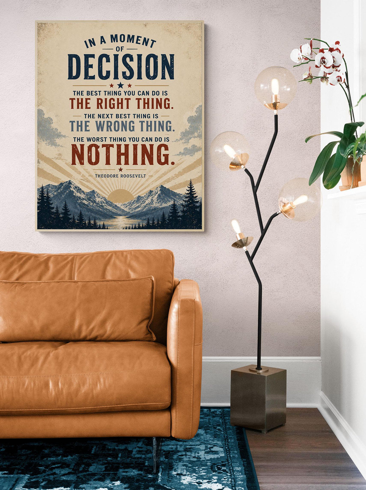 In a Moment of Decision Art Print | Vintage Teddy Roosevelt Quote | Inspirational Gift | Living Room | Beige Landscape Home Decor Poster