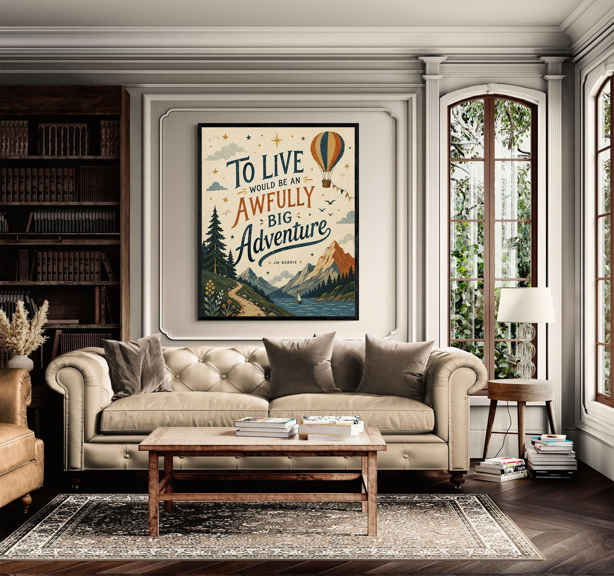 Peter Pan Adventure Quote Wall Art Print, J.M. Barrie To Live Would Be an Awfully Big Adventure, Hot Air Balloon, Vintage Nursery Home Decor
