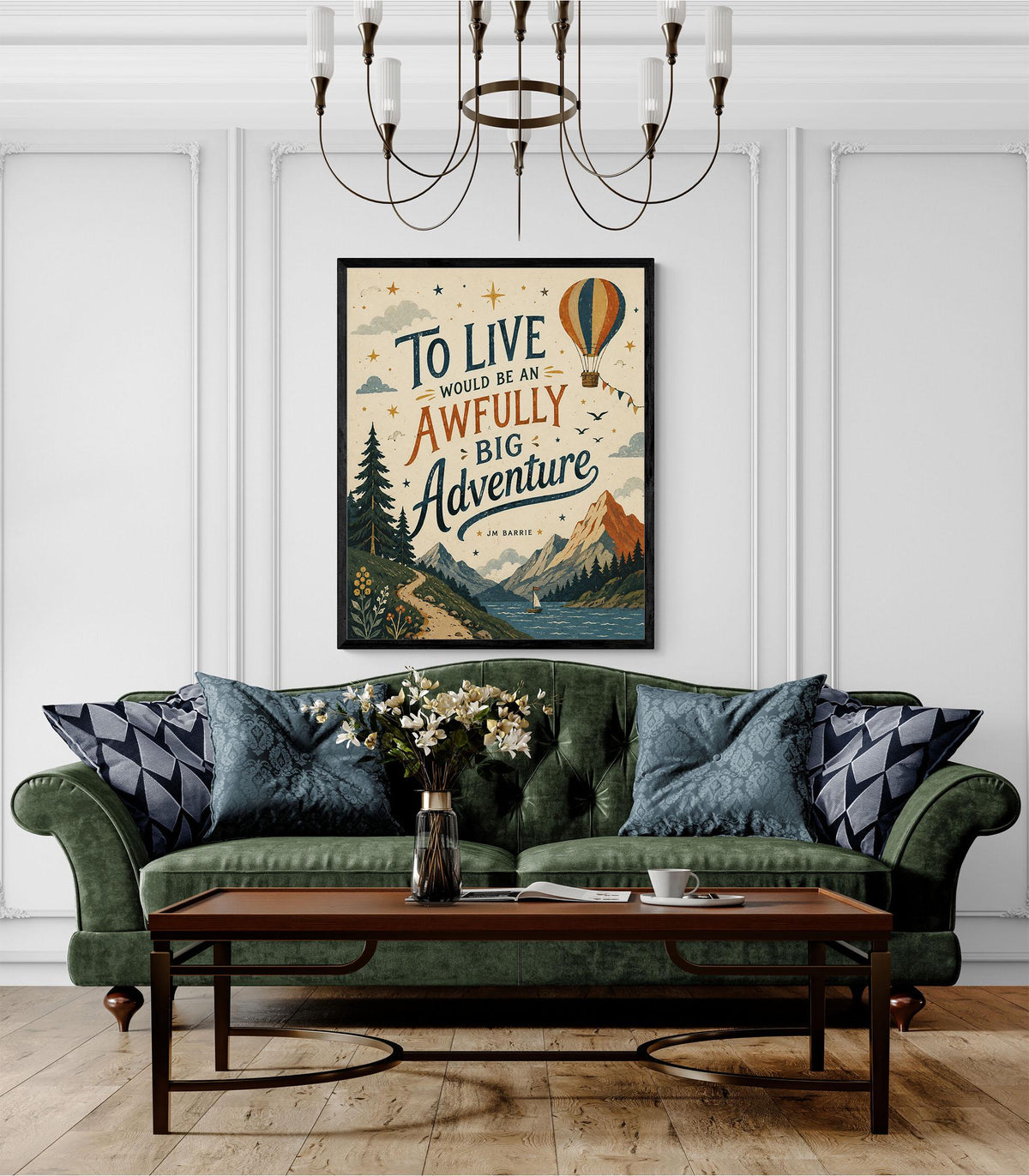 Peter Pan Adventure Quote Wall Art Print, J.M. Barrie To Live Would Be an Awfully Big Adventure, Hot Air Balloon, Vintage Nursery Home Decor