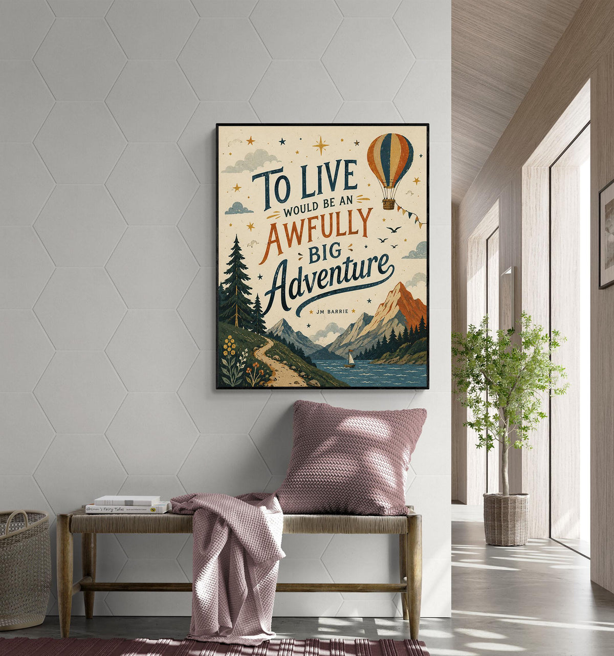 Peter Pan Adventure Quote Wall Art Print, J.M. Barrie To Live Would Be an Awfully Big Adventure, Hot Air Balloon, Vintage Nursery Home Decor