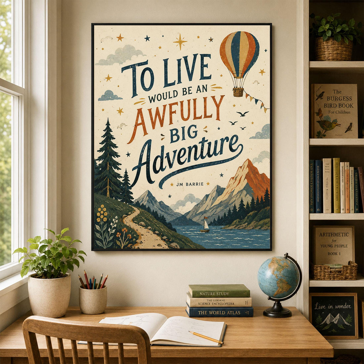 Peter Pan Adventure Quote Wall Art Print, J.M. Barrie To Live Would Be an Awfully Big Adventure, Hot Air Balloon, Vintage Nursery Home Decor