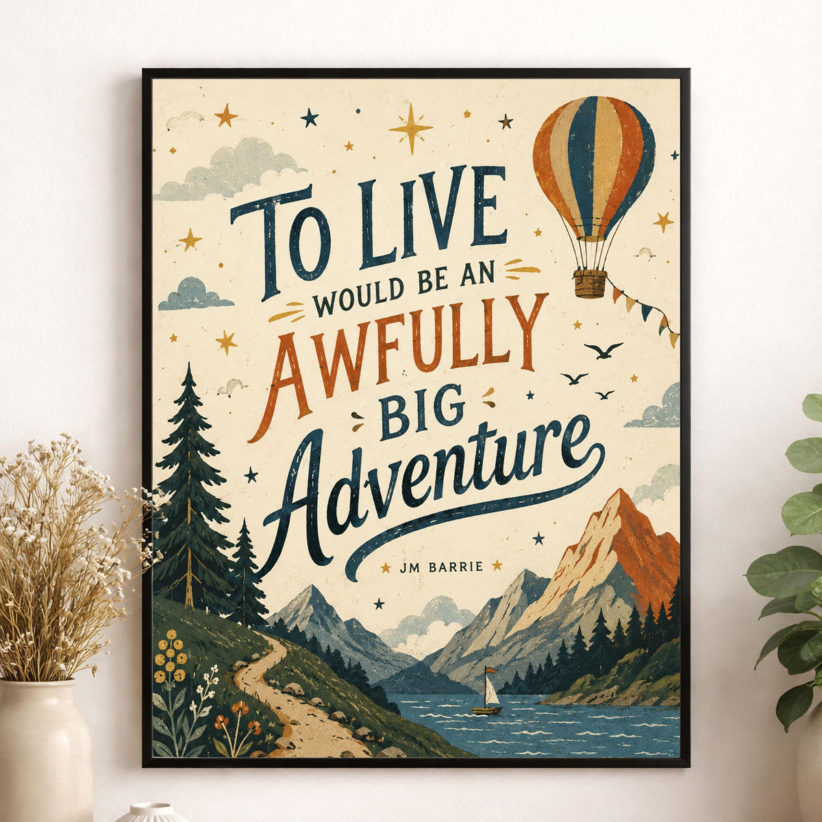 Peter Pan Adventure Quote Wall Art Print, J.M. Barrie To Live Would Be an Awfully Big Adventure, Hot Air Balloon, Vintage Nursery Home Decor