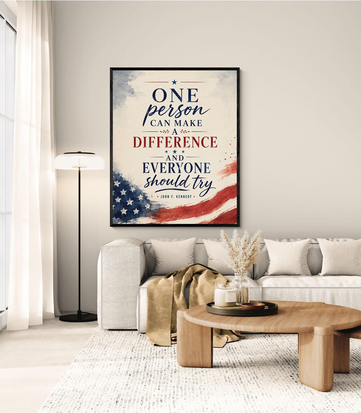 One Person Can Make A Difference Wall Art Print | John F Kennedy Quote | JFK | Inspirational Home Decor | History Patriotic USA Flag Poster