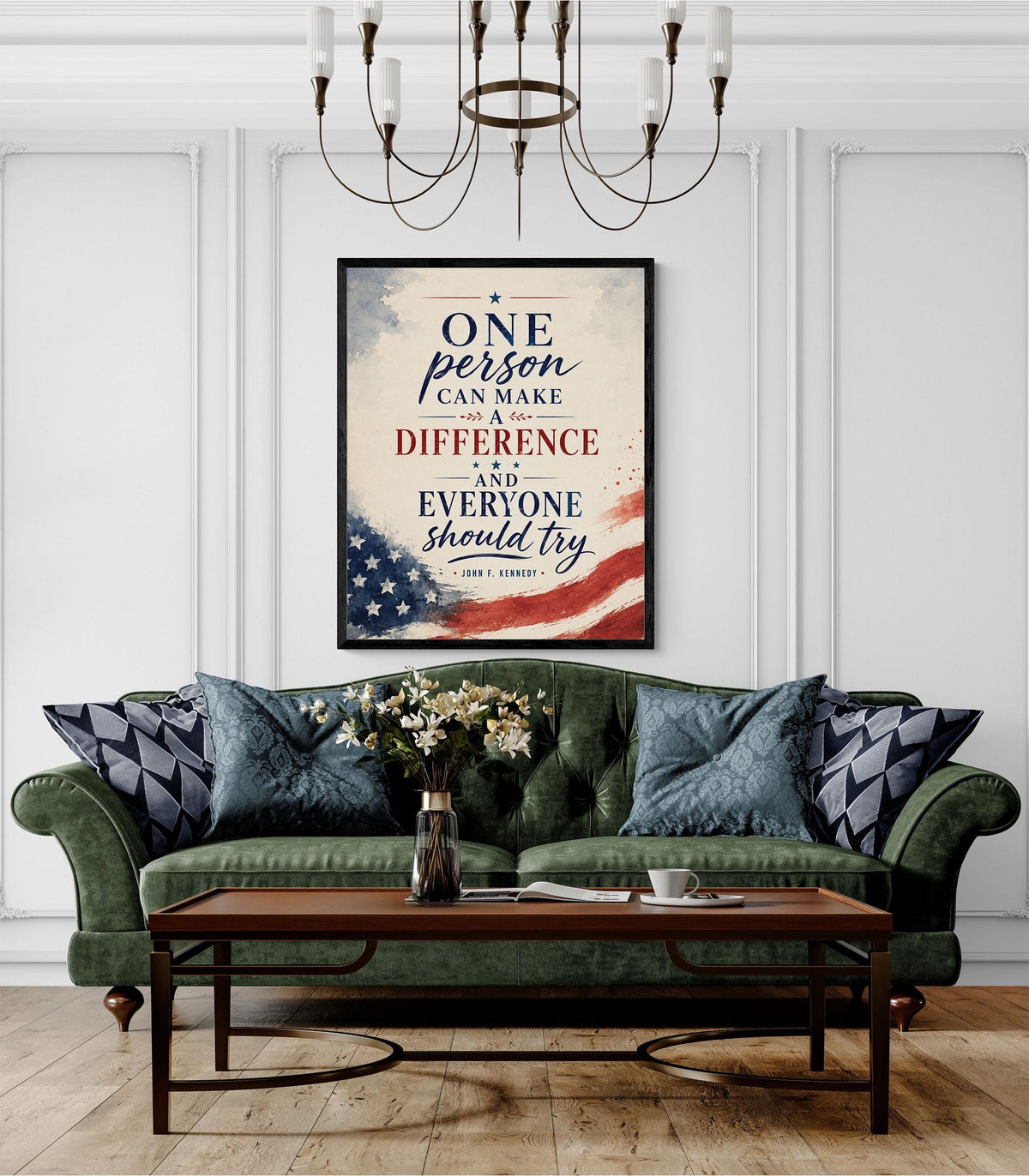 One Person Can Make A Difference Wall Art Print | John F Kennedy Quote | JFK | Inspirational Home Decor | History Patriotic USA Flag Poster