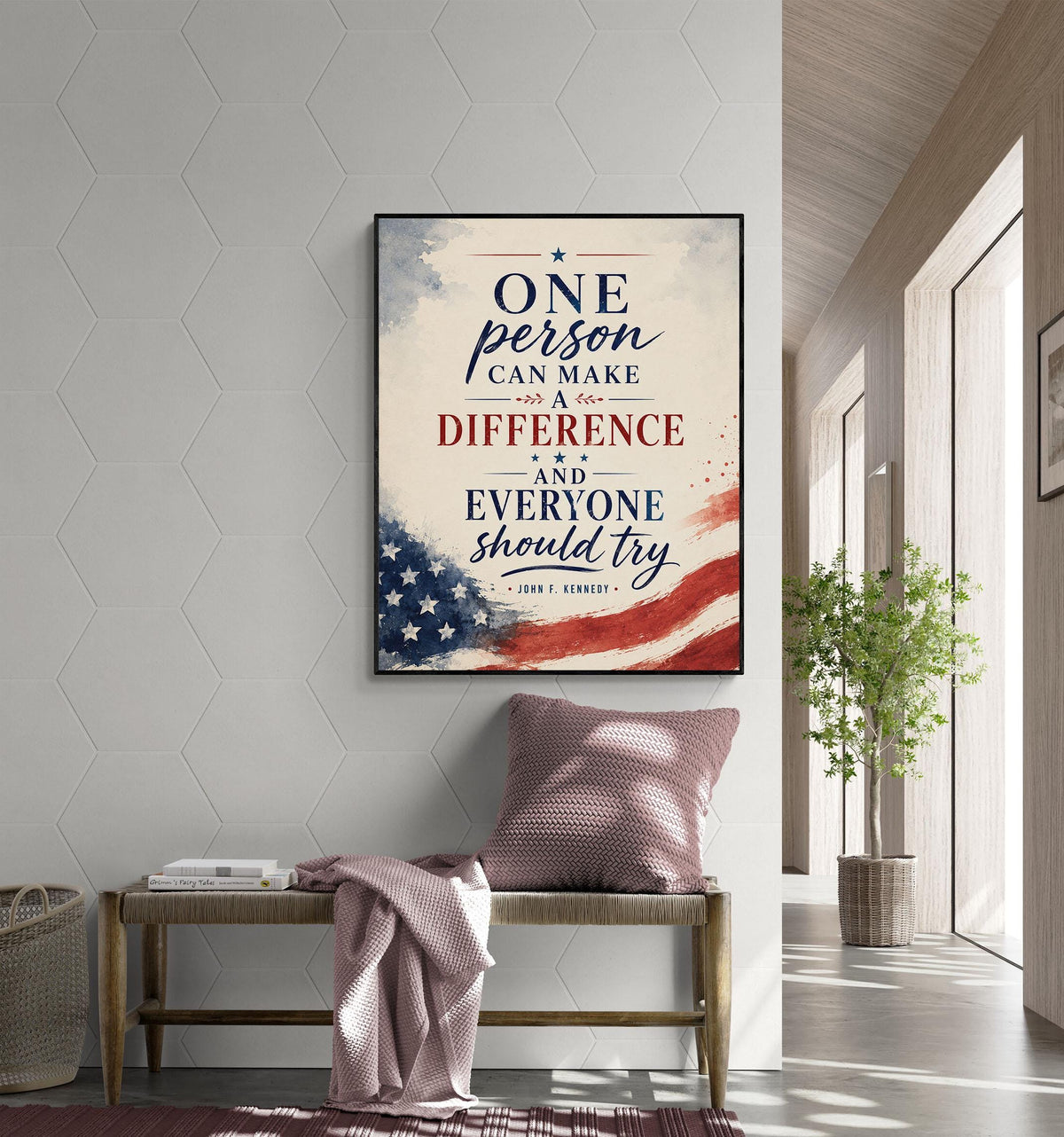 One Person Can Make A Difference Wall Art Print | John F Kennedy Quote | JFK | Inspirational Home Decor | History Patriotic USA Flag Poster