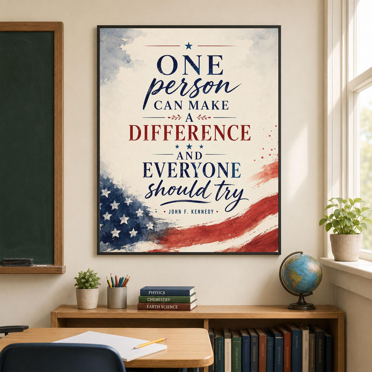 One Person Can Make A Difference Wall Art Print | John F Kennedy Quote | JFK | Inspirational Home Decor | History Patriotic USA Flag Poster