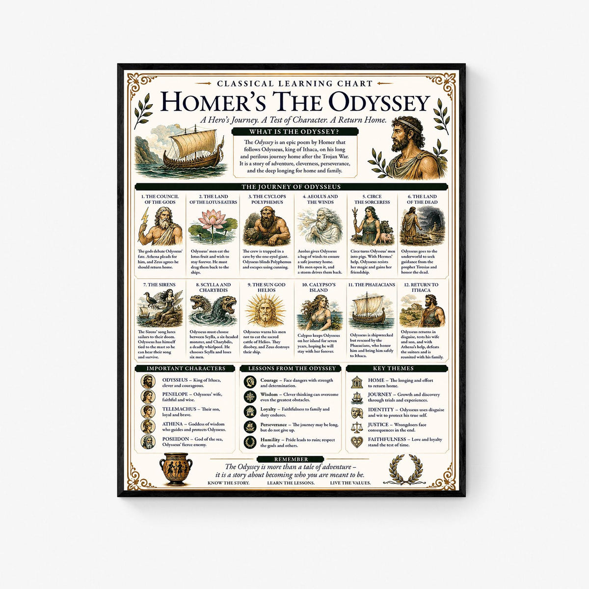 Homer's The Odyssey Chart Wall Art Print, Classical Learning Poster, Teacher Classroom Reference, History Greek Mythology Room Decor