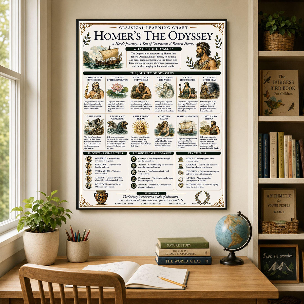 Homer's The Odyssey Chart Wall Art Print, Classical Learning Poster, Teacher Classroom Reference, History Greek Mythology Room Decor