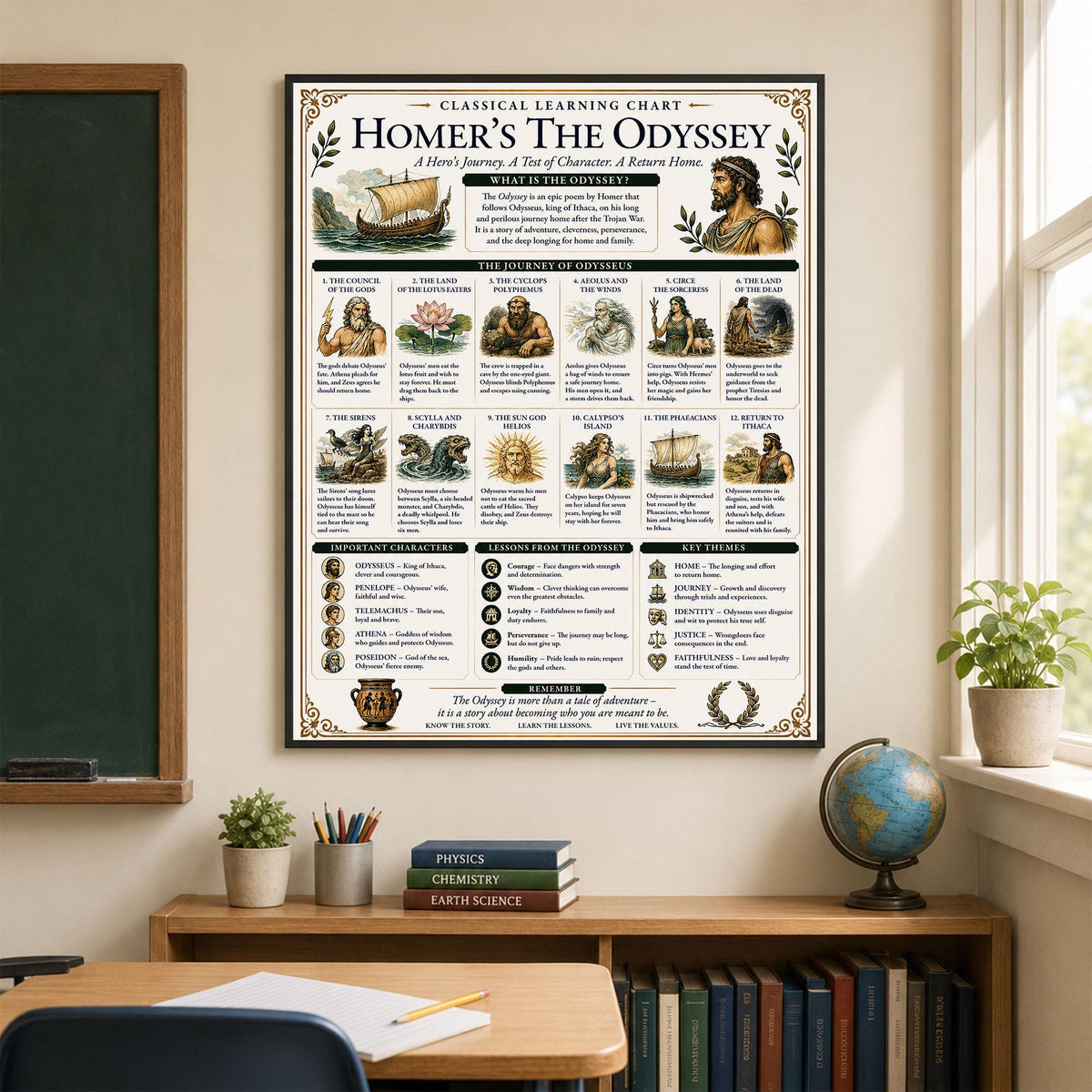 Homer's The Odyssey Chart Wall Art Print, Classical Learning Poster, Teacher Classroom Reference, History Greek Mythology Room Decor