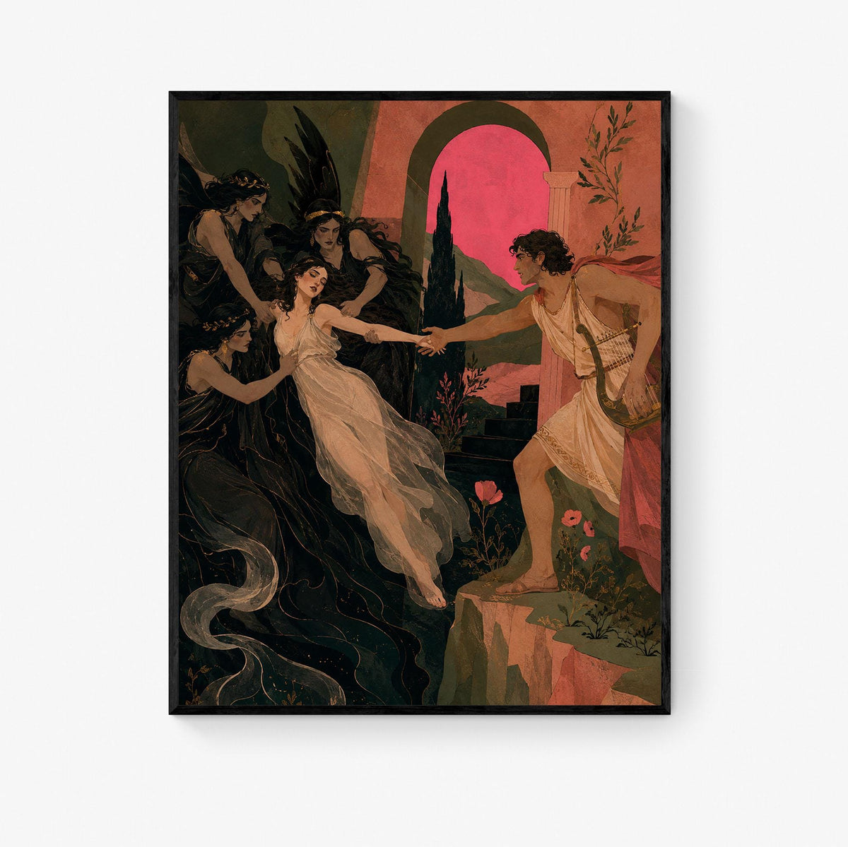 Orpheus and Eurydice Art Print | Ancient Greek Mythology | Classic | Literary | Gods and Goddess Myth | Room | Home Decor Pink Poster
