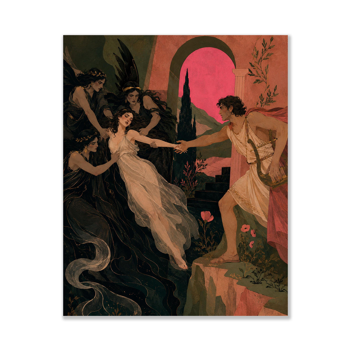 Orpheus and Eurydice Art Print | Ancient Greek Mythology | Classic | Literary | Gods and Goddess Myth | Room | Home Decor Pink Poster