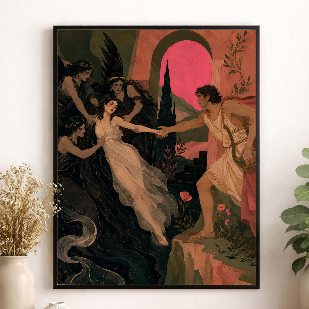 Orpheus and Eurydice Art Print | Ancient Greek Mythology | Classic | Literary | Gods and Goddess Myth | Room | Home Decor Pink Poster
