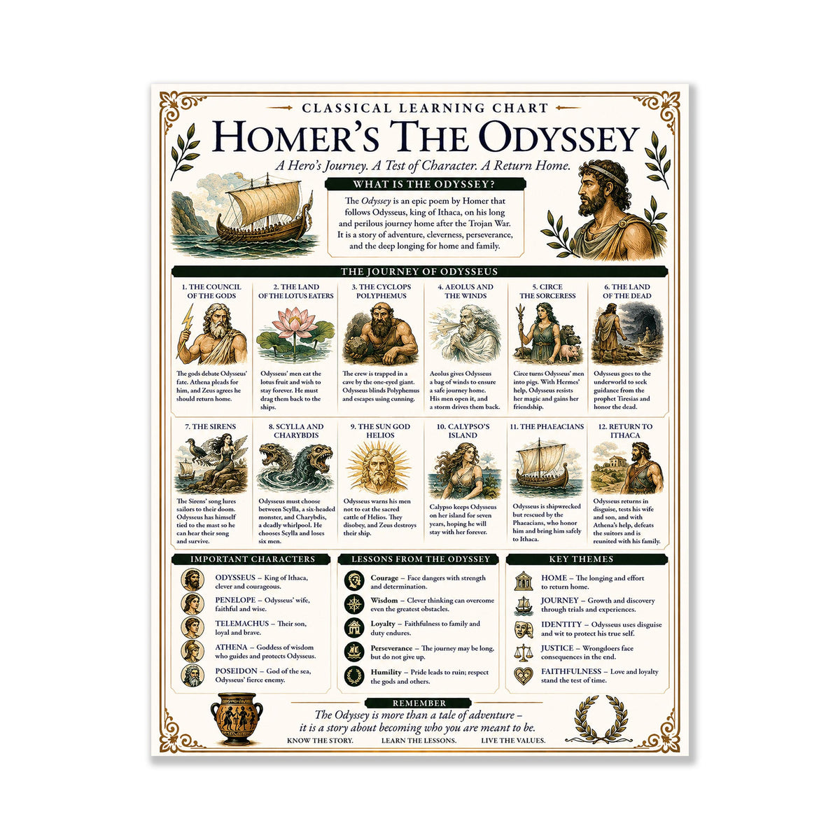 Homer's The Odyssey Chart Wall Art Print, Classical Learning Poster, Teacher Classroom Reference, History Greek Mythology Room Decor