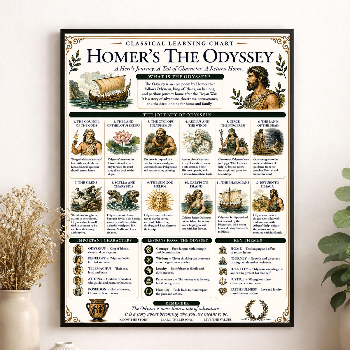 Homer's The Odyssey Chart Wall Art Print, Classical Learning Poster, Teacher Classroom Reference, History Greek Mythology Room Decor