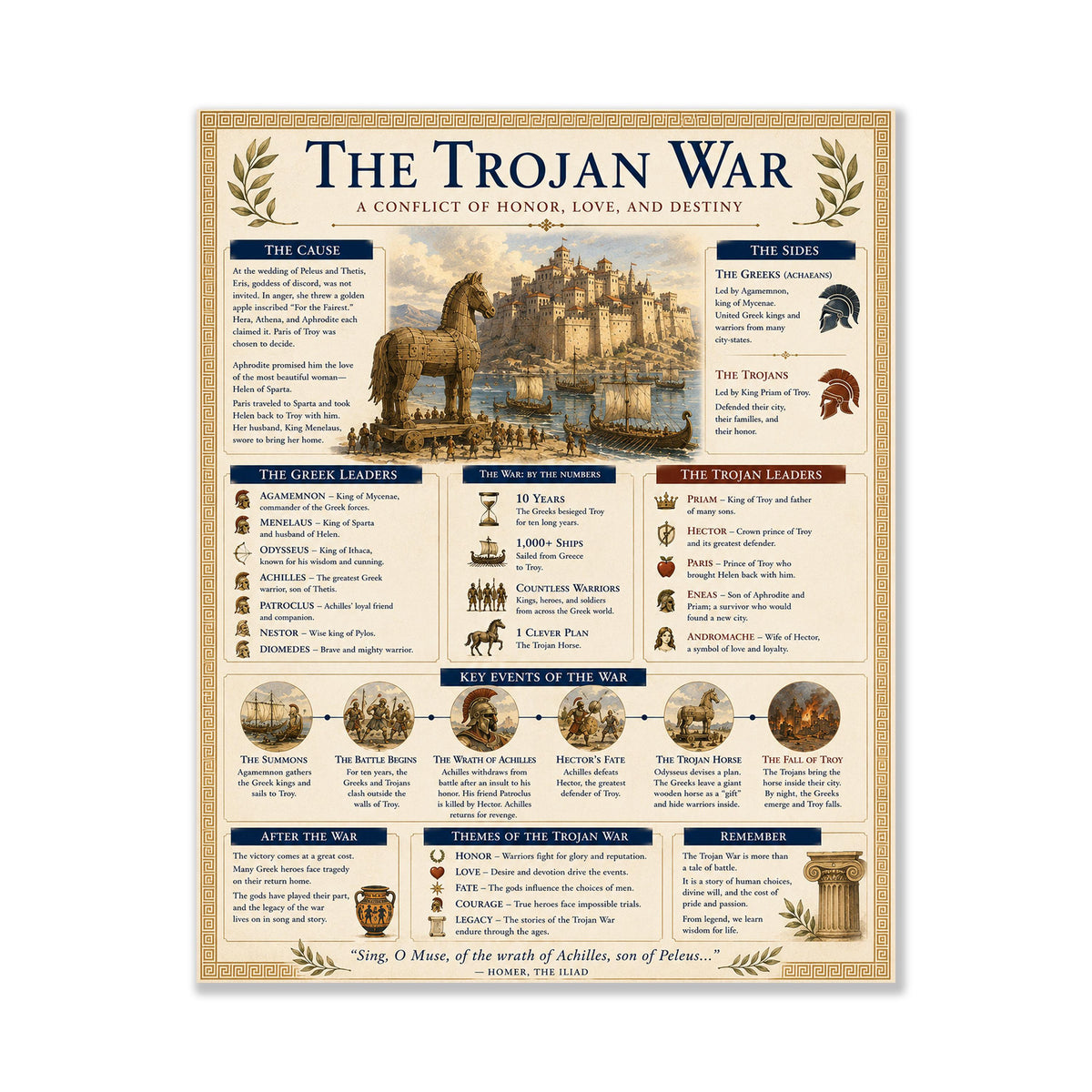 The Trojan War Chart Art Print, Classical Learning Poster, Homer The Iliad, Teacher Classroom Reference, History Greek Mythology Room Decor