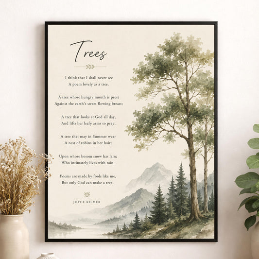 Trees Wall Art Print | Only God Can Make A Tree | Joyce Kilmer Poem | Forest Landscape | Literary Book | Inspirational Home Decor