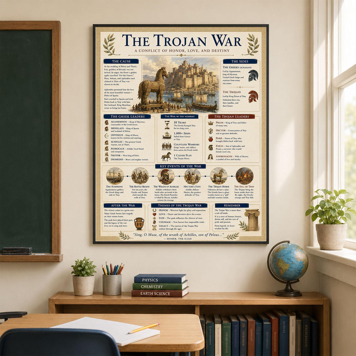 The Trojan War Chart Art Print, Classical Learning Poster, Homer The Iliad, Teacher Classroom Reference, History Greek Mythology Room Decor