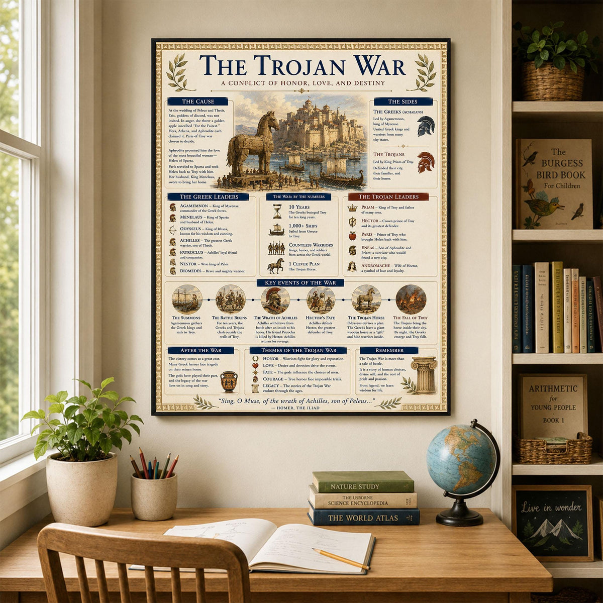 The Trojan War Chart Art Print, Classical Learning Poster, Homer The Iliad, Teacher Classroom Reference, History Greek Mythology Room Decor