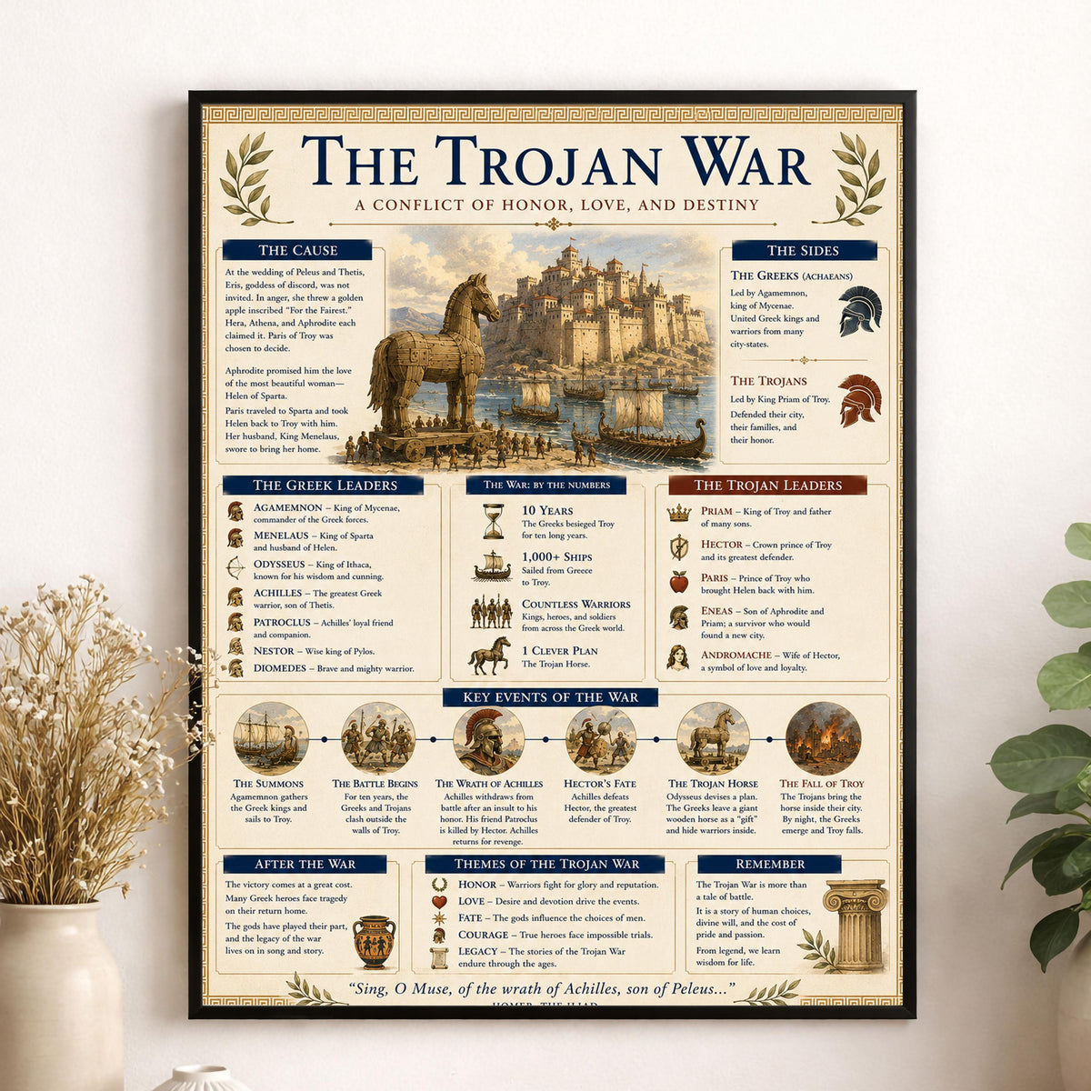 The Trojan War Chart Art Print, Classical Learning Poster, Homer The Iliad, Teacher Classroom Reference, History Greek Mythology Room Decor