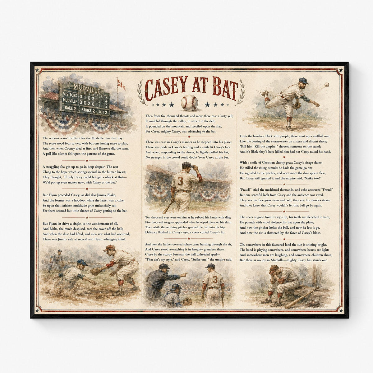Casey at the Bat Art Print, Vintage Baseball Poem Home Decor, Ernest Lawrence Thayer Sports Poster