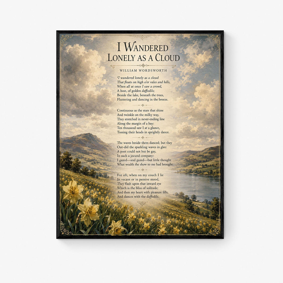 I Wandered Lonely As A Cloud Wall Art Print | William Wordsworth Poem | Botanical Landscape | Literary | Inspirational Home Decor