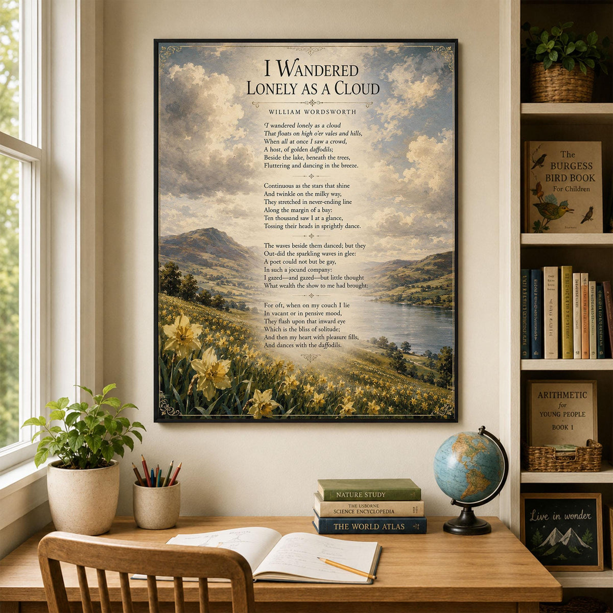 I Wandered Lonely As A Cloud Wall Art Print | William Wordsworth Poem | Botanical Landscape | Literary | Inspirational Home Decor