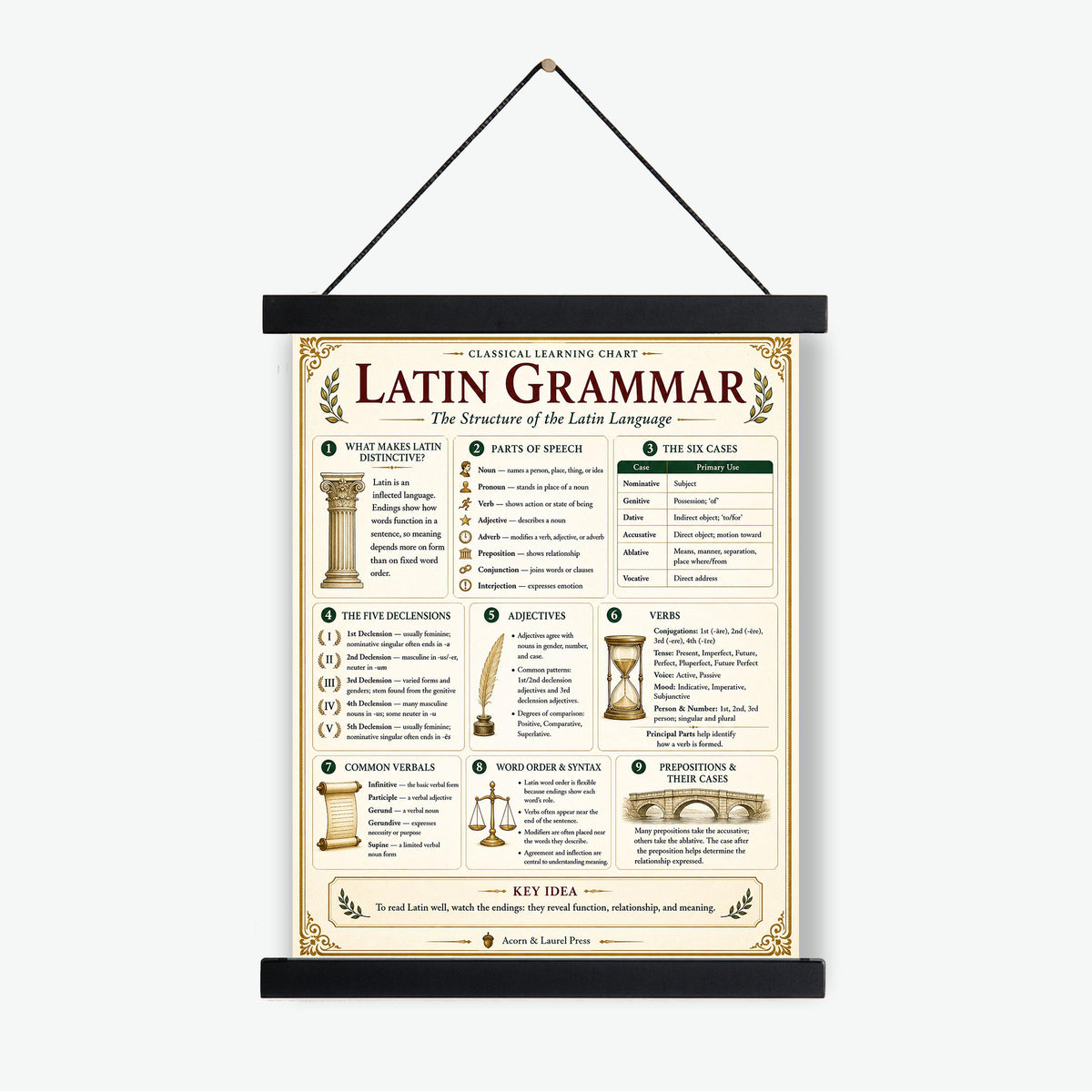 Latin Grammar Chart Wall Art Print, Classical Learning Poster, Latin Case Endings Reference, Homeschool, Study Room Decor