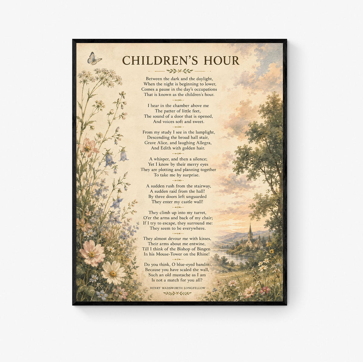 Children’s Hour Poem Art Print | Henry Wadsworth Longfellow | Literary Wall Home Decor | Vintage Floral Poetry