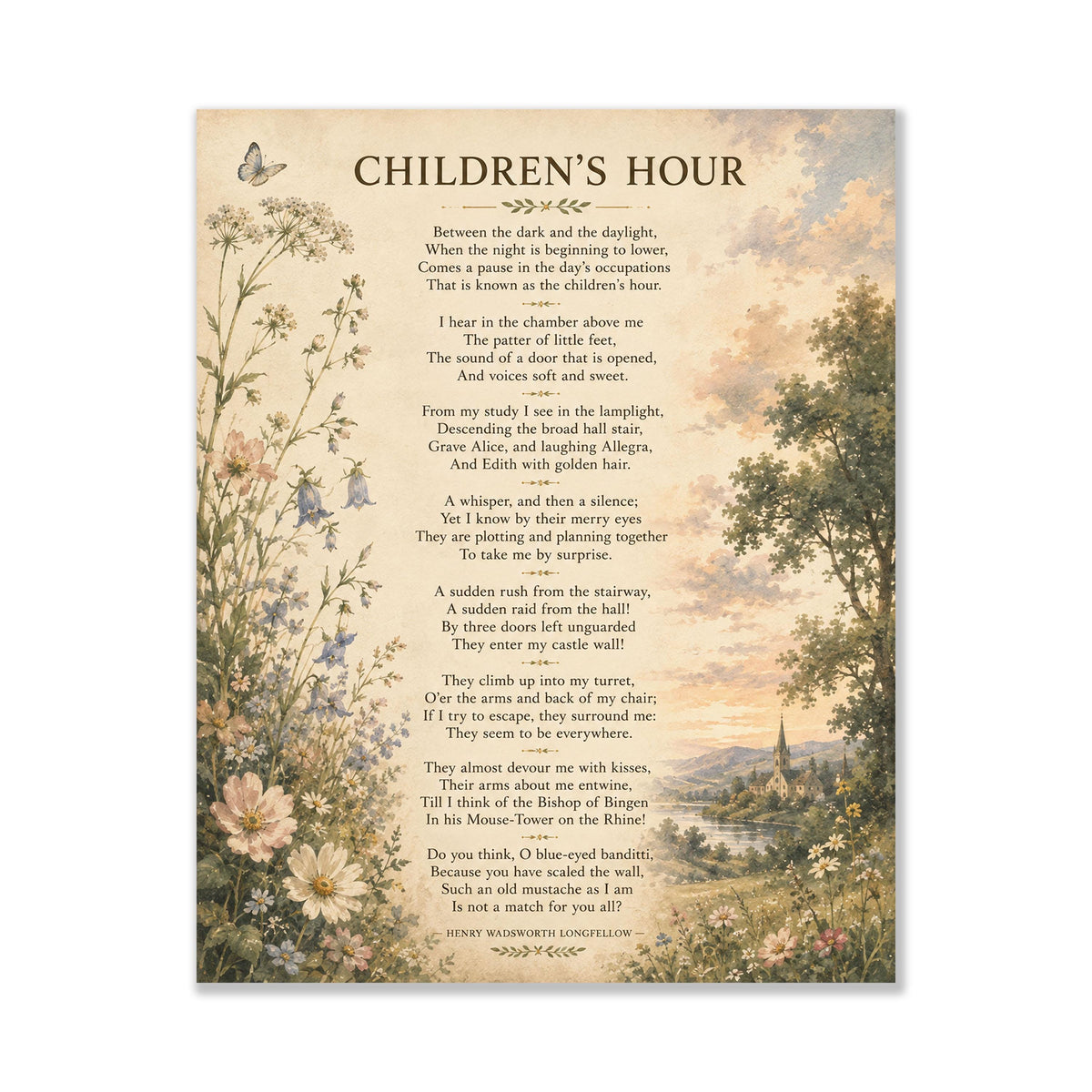 Children’s Hour Poem Art Print | Henry Wadsworth Longfellow | Literary Wall Home Decor | Vintage Floral Poetry