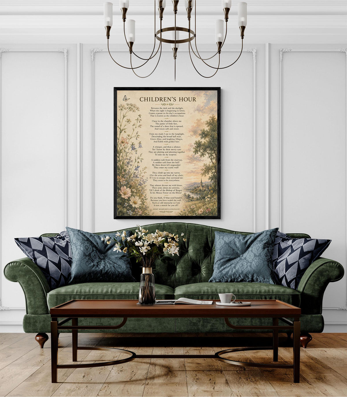 Children’s Hour Poem Art Print | Henry Wadsworth Longfellow | Literary Wall Home Decor | Vintage Floral Poetry