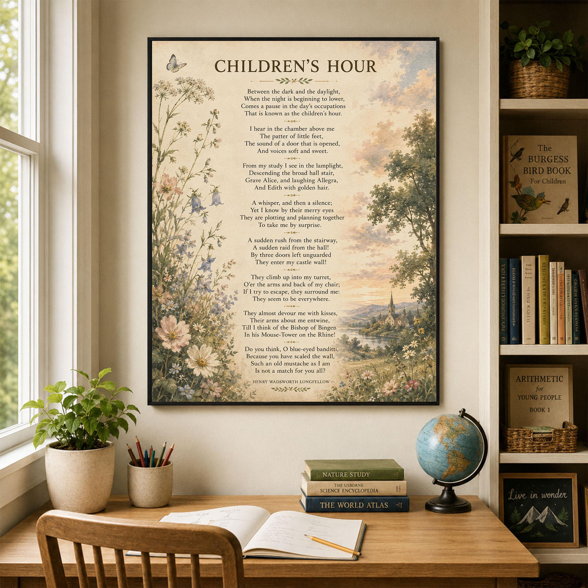 Children’s Hour Poem Art Print | Henry Wadsworth Longfellow | Literary Wall Home Decor | Vintage Floral Poetry