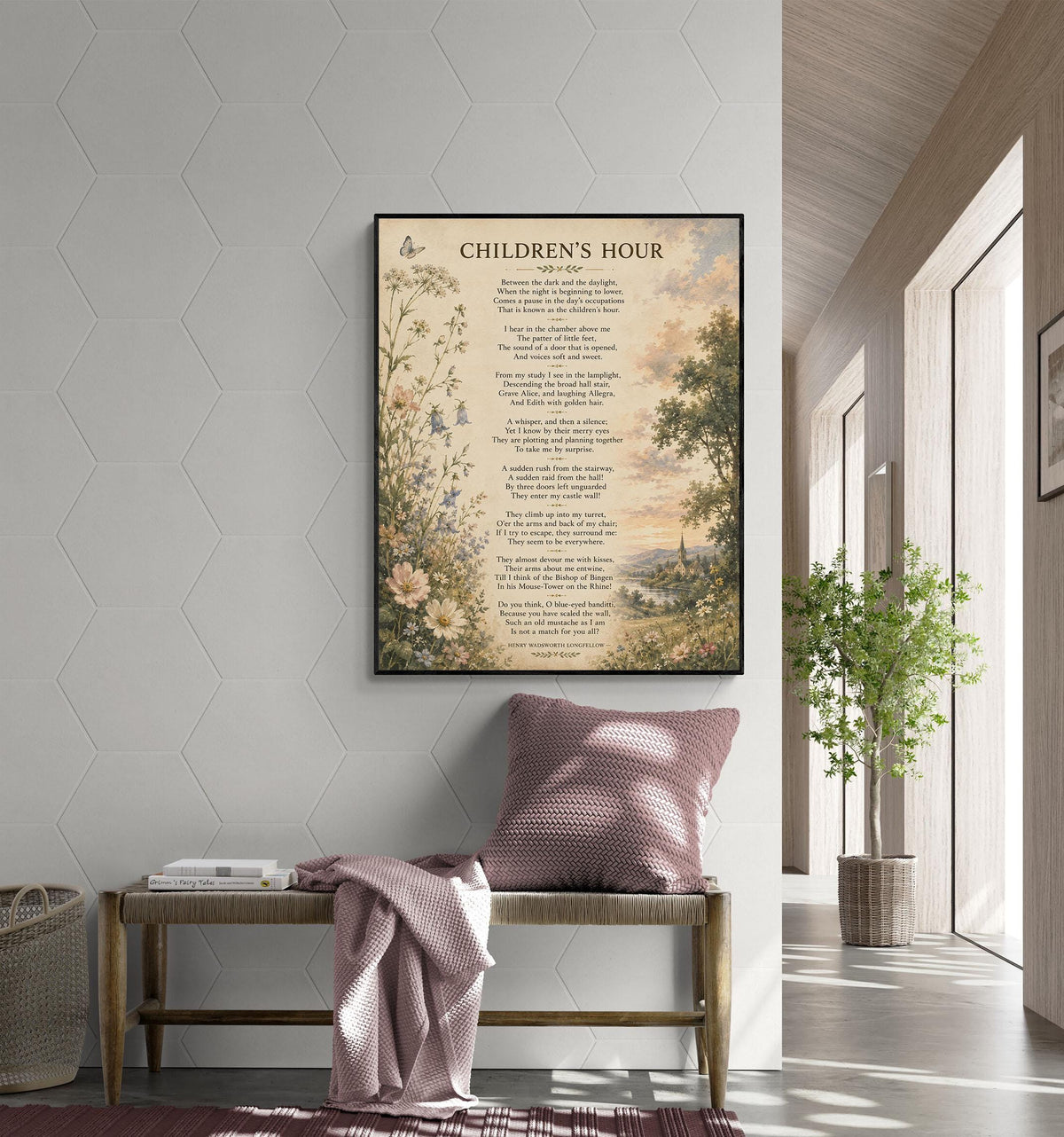 Children’s Hour Poem Art Print | Henry Wadsworth Longfellow | Literary Wall Home Decor | Vintage Floral Poetry