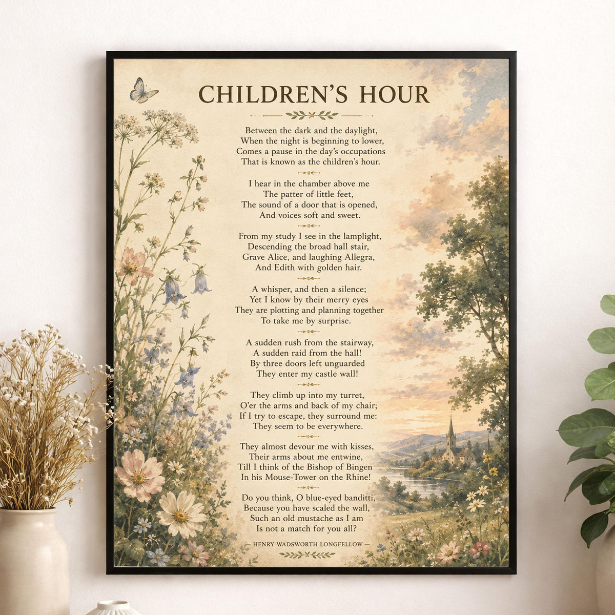 Children’s Hour Poem Art Print | Henry Wadsworth Longfellow | Literary Wall Home Decor | Vintage Floral Poetry