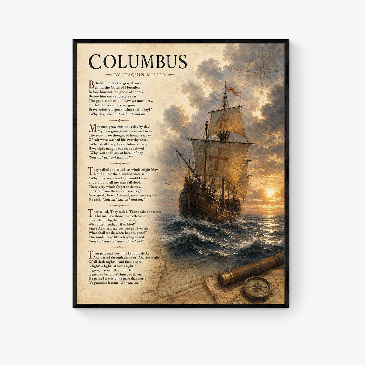 Columbus Poem Art Print by Joaquin Miller, Sail On Literary Wall Art, Christopher Columbus Ship Print, Nautical Poetry Decor